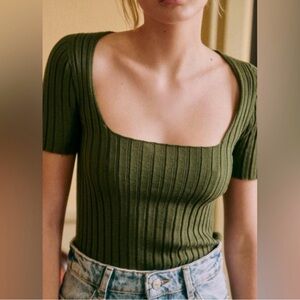 Sezane Olive Green Ribbed Sweater